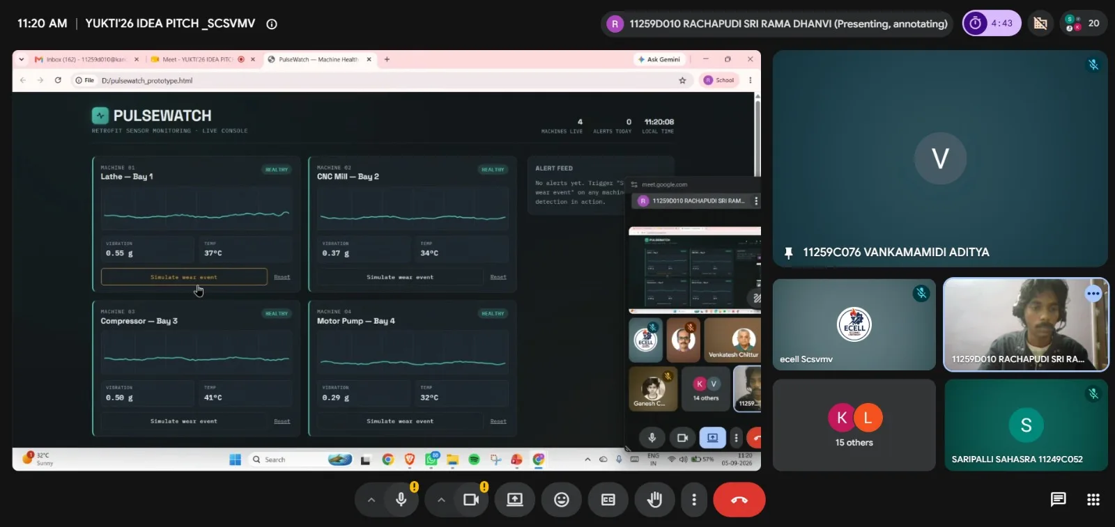 Google Meet screenshot at 11:20 AM: a team shares the live PulseWatch monitoring dashboard