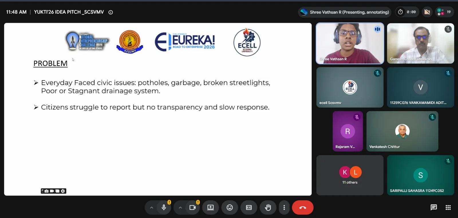 Google Meet screenshot at 11:48 AM: a problem slide on everyday civic issues such as potholes, garbage and broken streetlights