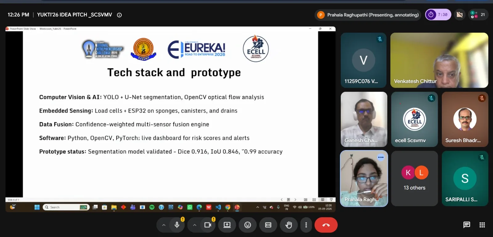 Google Meet screenshot at 12:26 PM: MedVision AI presents the HemoWatch tech stack and prototype to the jury