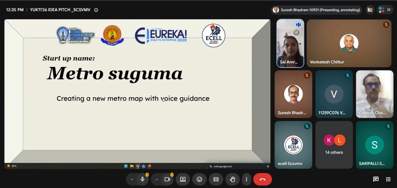 Google Meet screenshot at 12:35 PM: the Metro Suguma slide, a new metro map with voice guidance