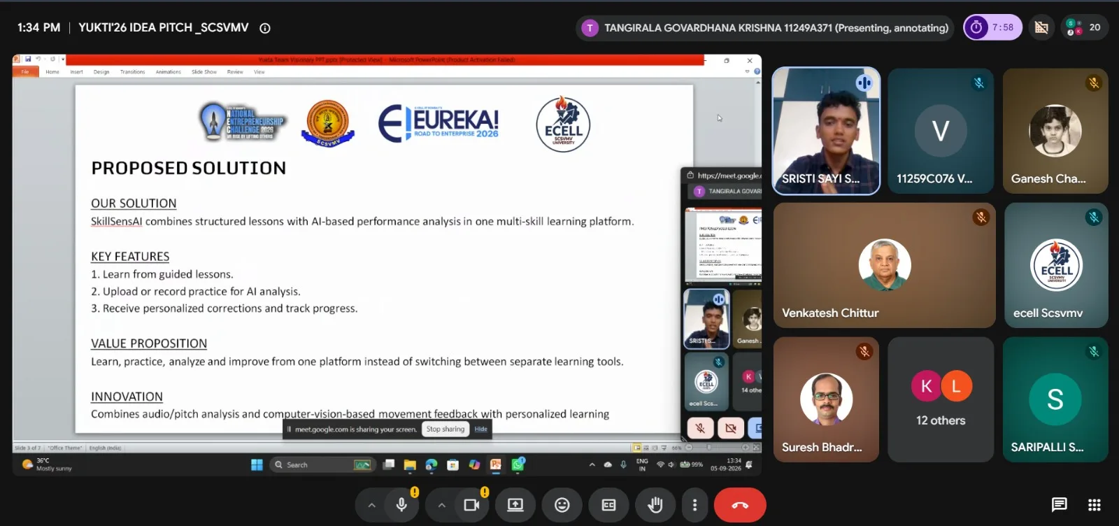 Google Meet screenshot at 1:34 PM: Team Visionary presents SkillSensAI's proposed solution and key features